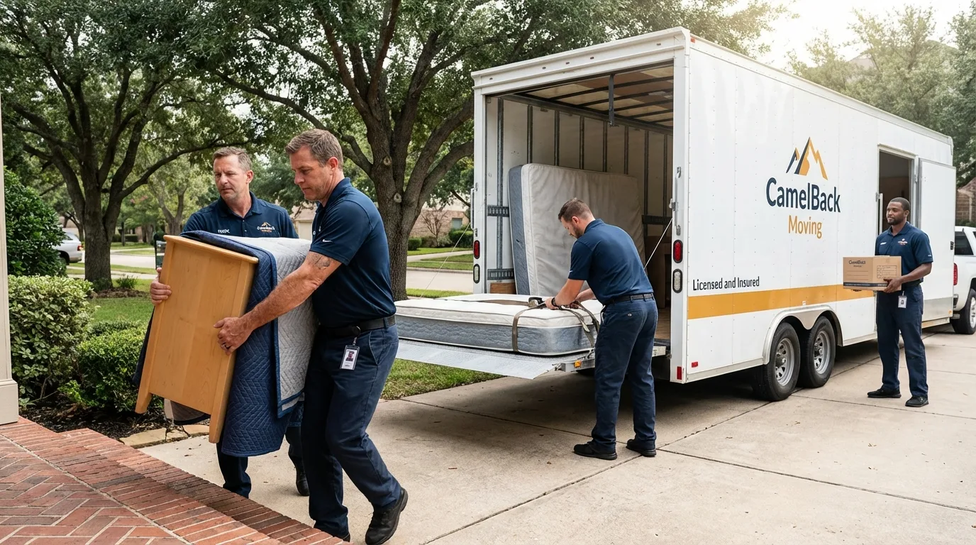Crew loading residential truck for cross-state move from Andrews, NC