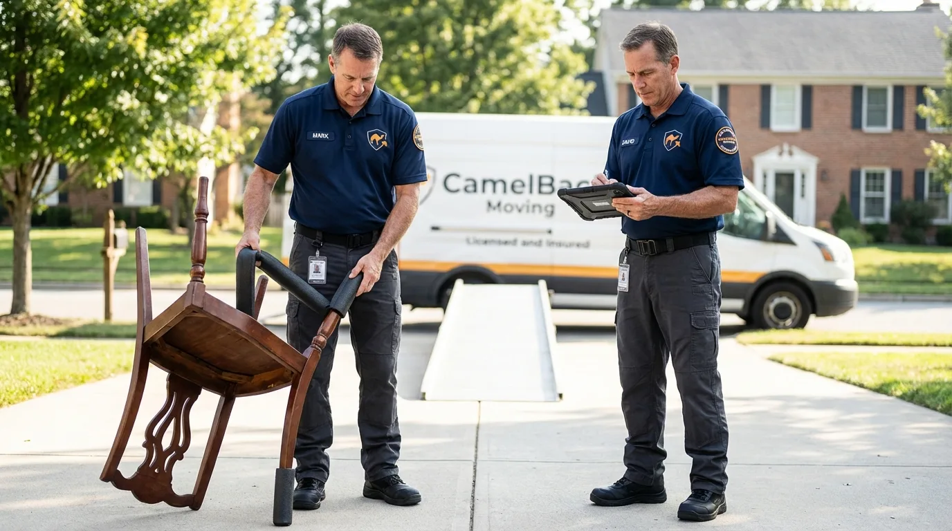 Movers inspecting furniture for damage prevention before loading in Andrews, NC